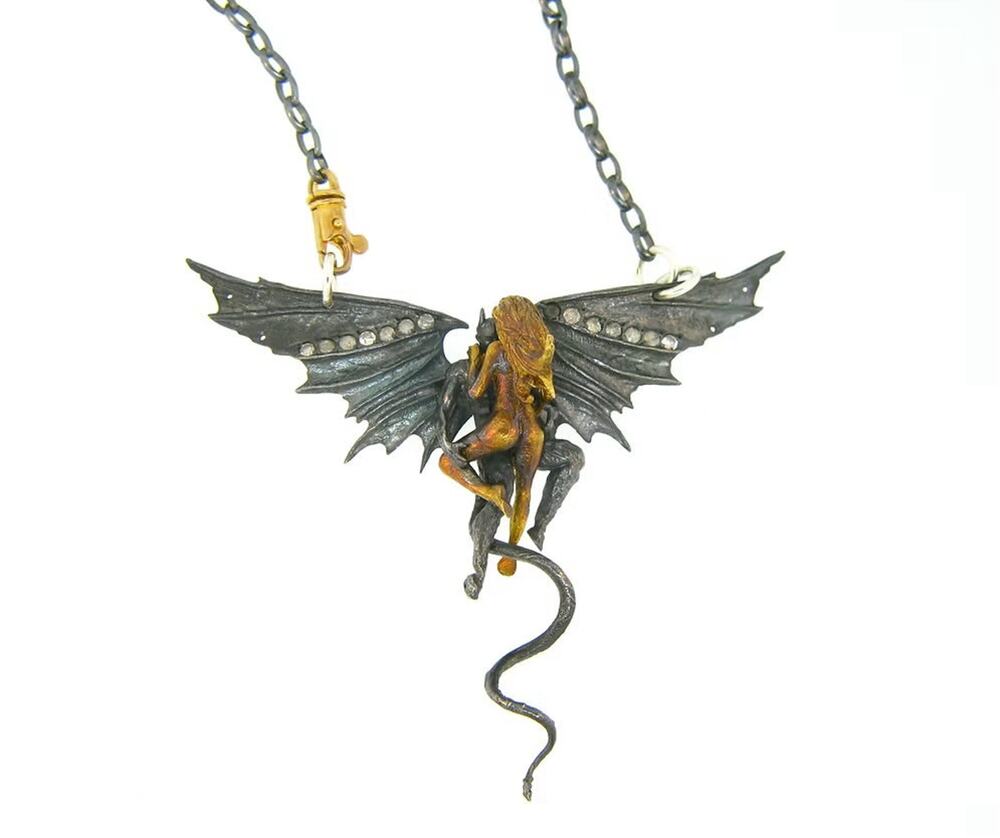 Alp Sagnak Angel & Devil Necklace with Spread Wings – 18K Gold Silver & Diamonds